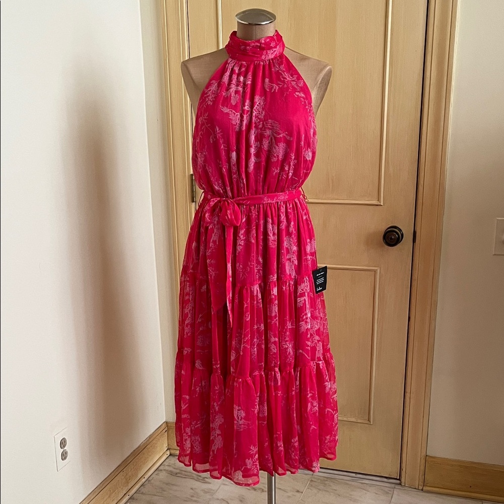 LULUS NWT "Float To You" Party Wedding Guest Hot Pink Halter Belt Tiered Midi M